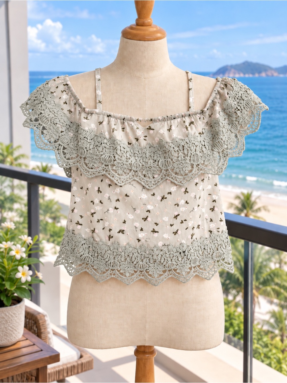 No Boundaries Sage Green Floral Crochet-Trim Camisole